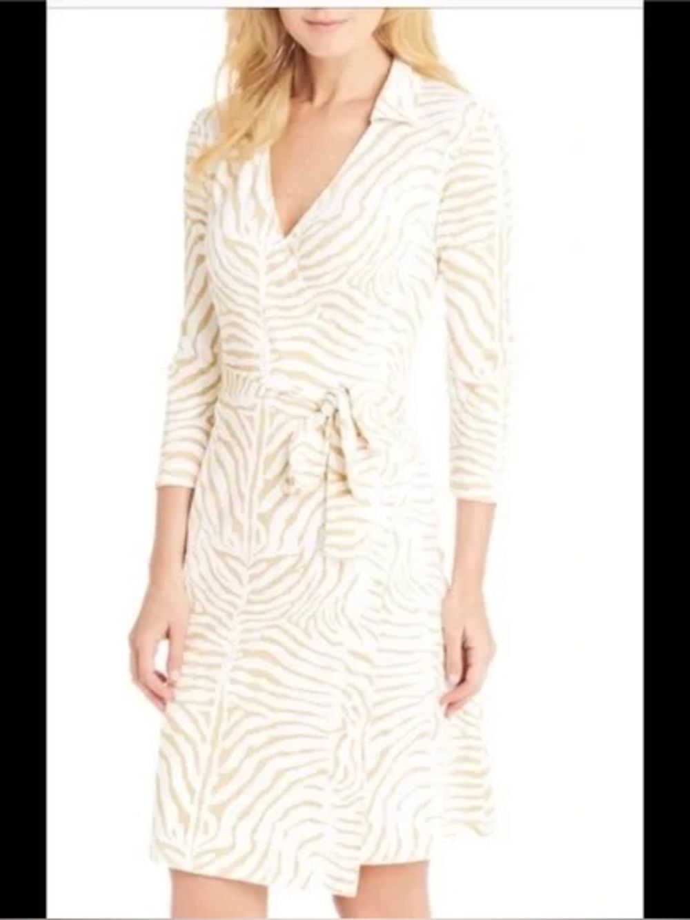 J. McLaughlin White Tan Zebra Animal Print Tie Waist Jersey Wrap Dress Sz Small